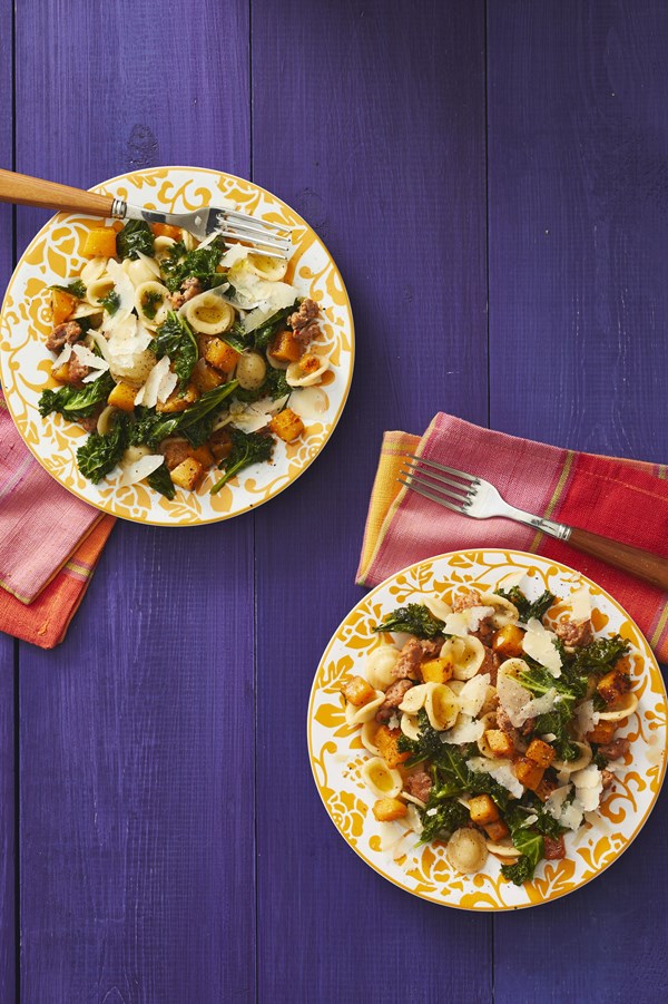 Orecchiette with butternut squash, kale and sausage