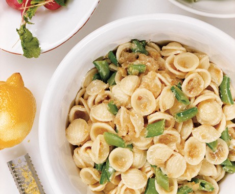 Orecchiette with caramelized onions, sugar snap peas, and ricotta cheese