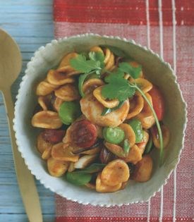 Orecchiette with chorizo, scallops, broad beans, coconut and black vinegar