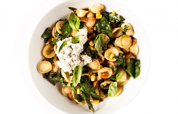 Orecchiette with corn, greens, and ricotta