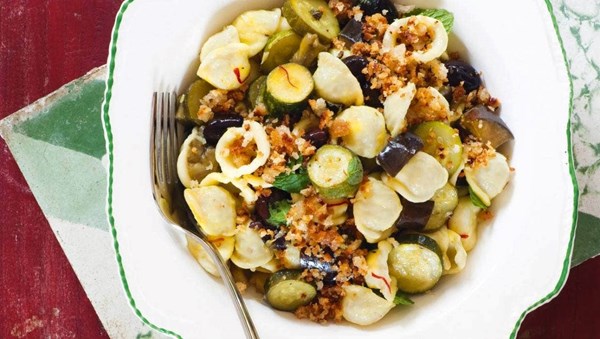 Orecchiette with eggplant, zucchini and breadcrumbs