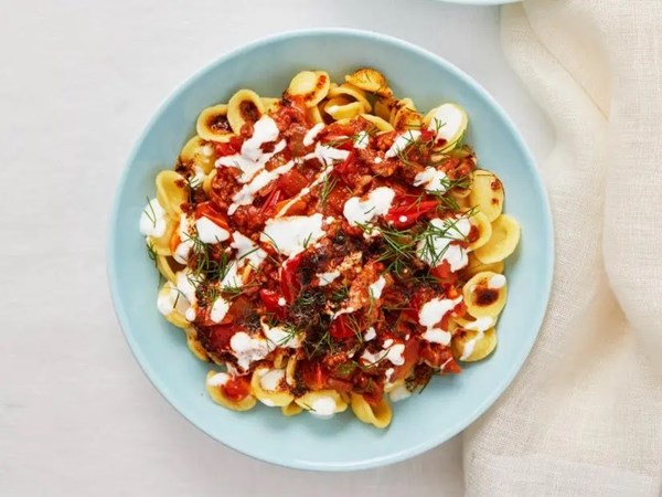Orecchiette with lamb, yogurt and spiced butter 