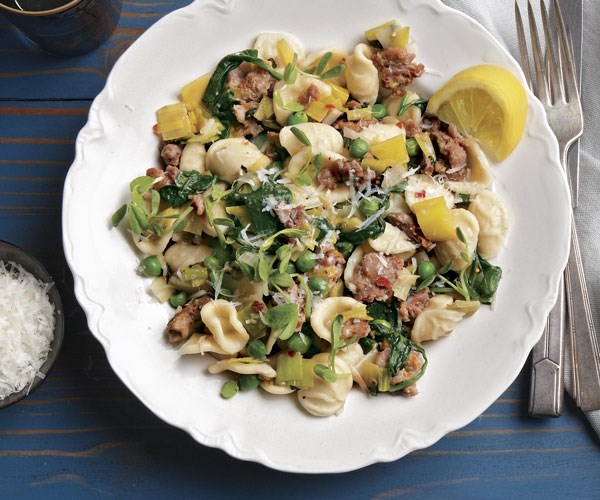 Orecchiette with leeks, spinach, sausage, and peas