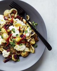 Orecchiette with marinated eggplant, burrata and chiles