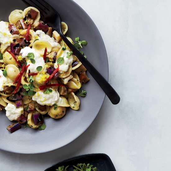 Orecchiette with marinated eggplant, burrata and chiles