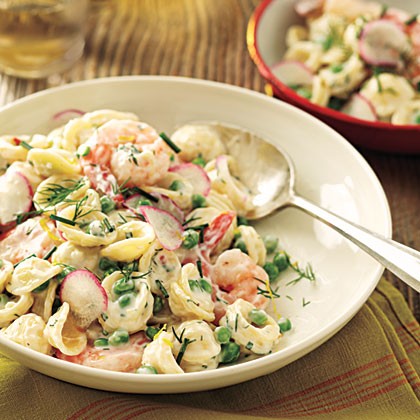 Orecchiette with peas, shrimp, and buttermilk-herb dressing