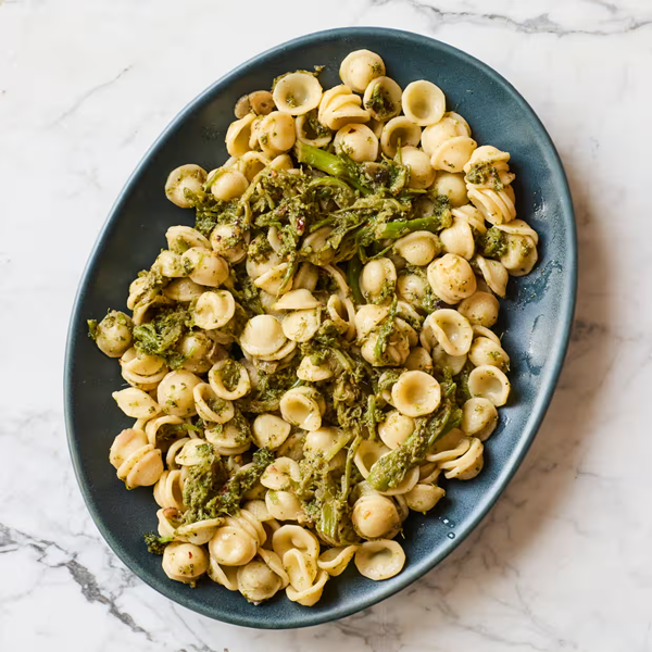 Orecchiette with purple sprouting broccoli and chilli
