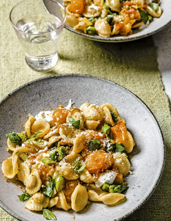 Orecchiette with ricotta, asparagus, and golden tomatoes