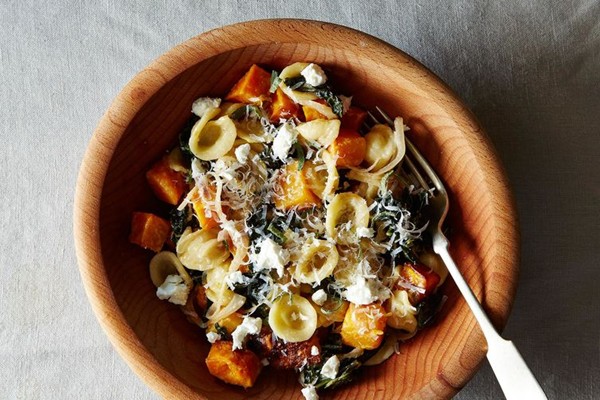 Orecchiette with roasted butternut squash, kale, and caramelized red onion