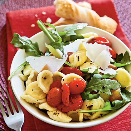 Orecchiette with roasted peppers, arugula, and tomatoes