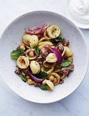 Orecchiette with sausage, chickpeas and mint