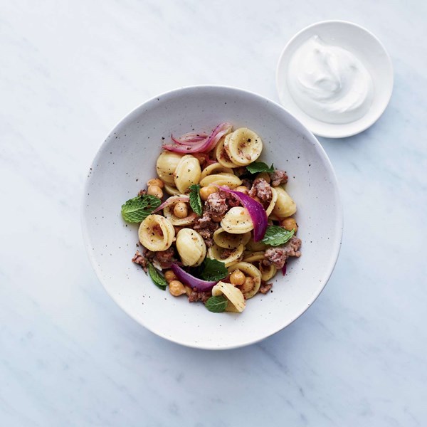 Orecchiette with sausage, chickpeas and mint