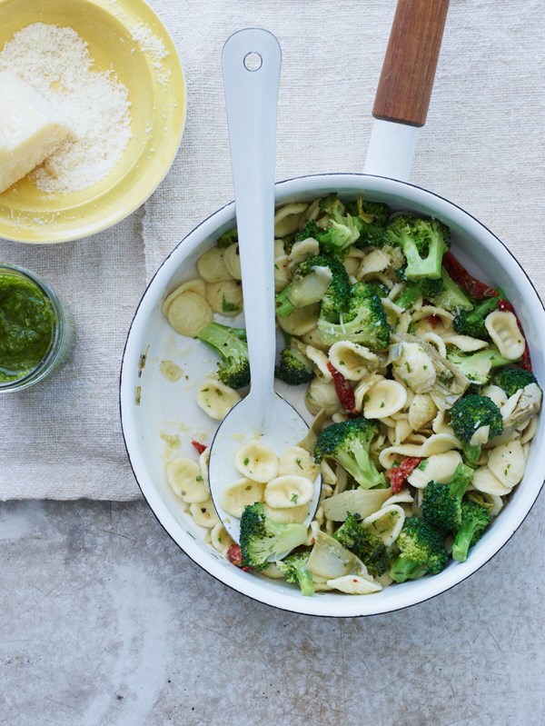 Orecchiette with sautéed artichoke hearts, broccoli, and sun-dried tomatoes