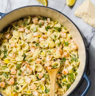 Orecchiette with shrimp, pepperoncini, and basil