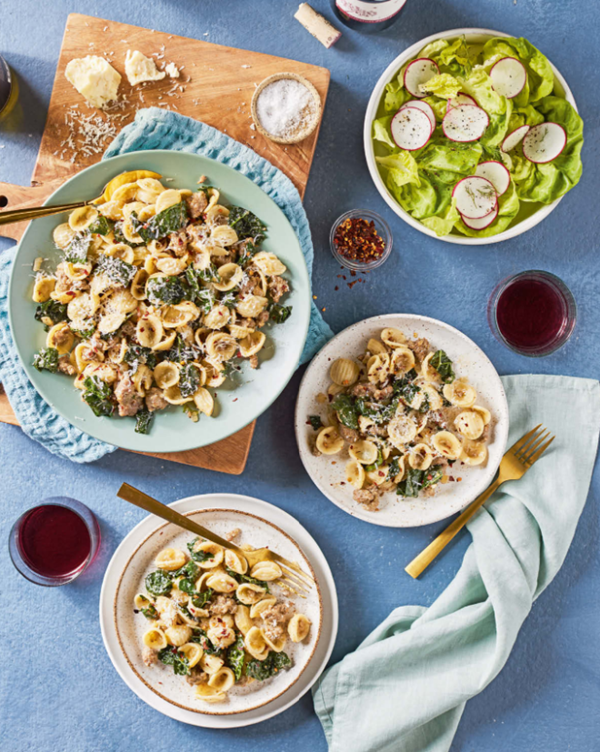 Orecchiette with spicy sausage kheema & kale