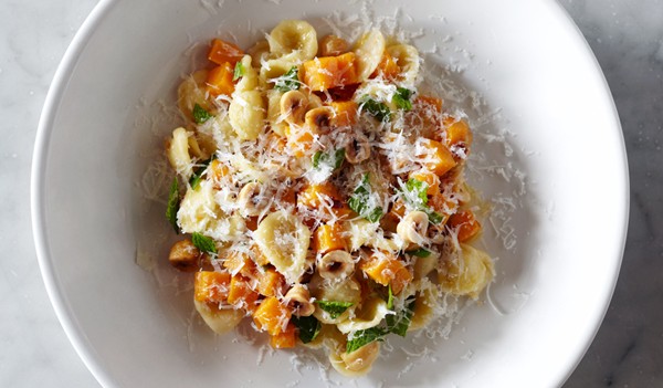 Orecchiette with squash, chiles, and hazelnuts