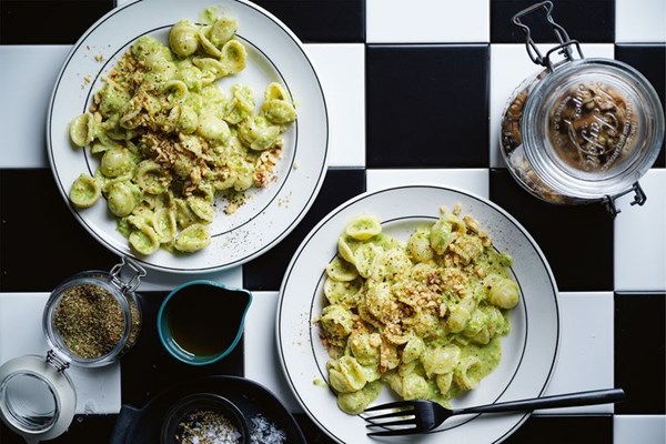 Orecchiette with walnut and pea pesto