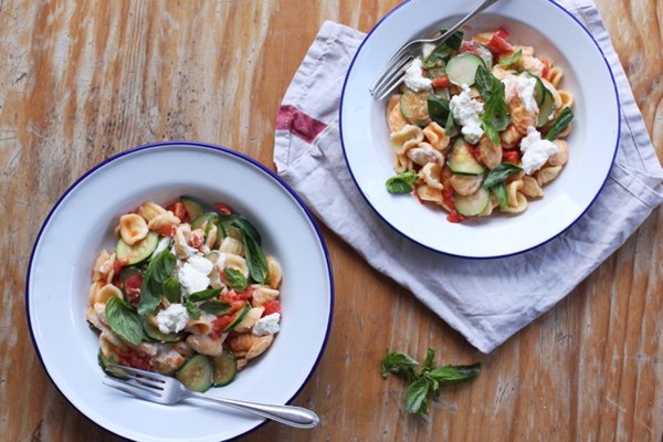 Orecchiette with zucchini, tomato, and ricotta