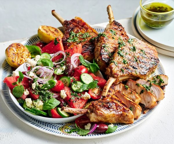 Oregano and honey pork cutlets with watermelon salad