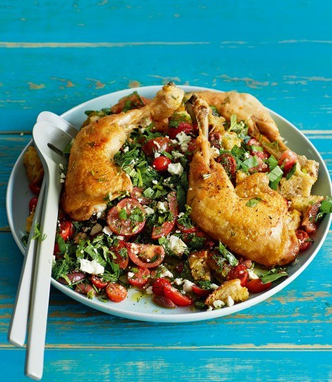 Oregano and sage roast chicken legs with tomato, herb and feta bread salad