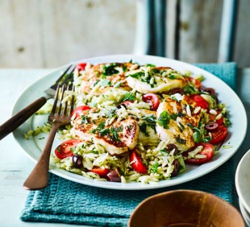 Oregano halloumi with orzo salad