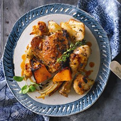 Oregano roasted chicken with pumpkin and cauliflower