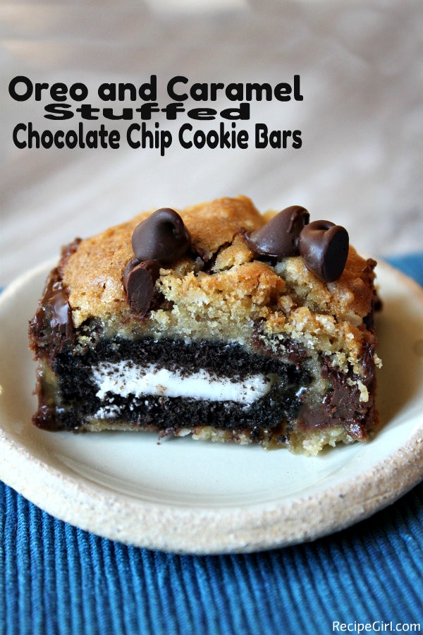 Oreo and caramel stuffed chocolate chip cookie bars