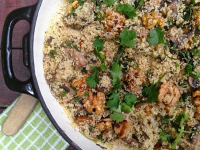 Organic garlic mushroom and toasted walnut couscous salad