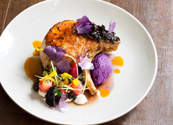 Organic pork chop, prunes, red cabbage, Greek yoghurt 
