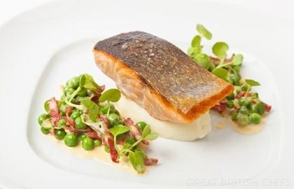 Organic salmon with English peas and chorizo