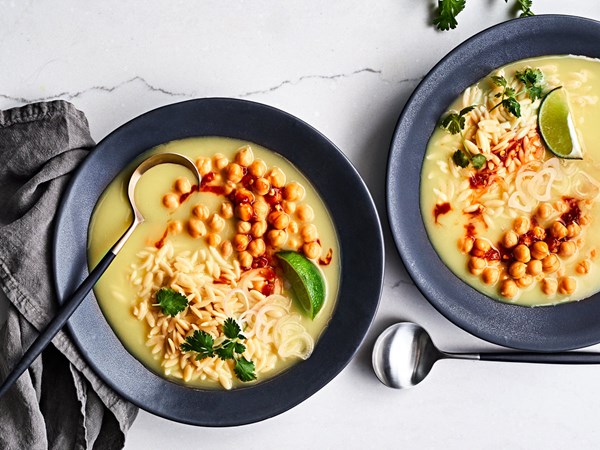 Orzo and chickpeas with turmeric-ginger broth