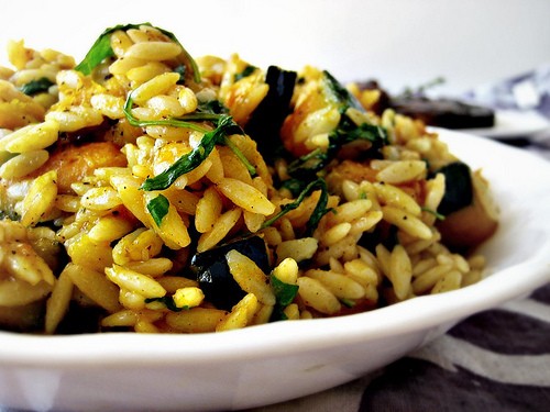 Orzo, arugula, and butternut squash salad in a maple-balsamic coffee vinaigrette