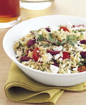 Orzo, feta, and tomato salad with marjoram vinaigrette