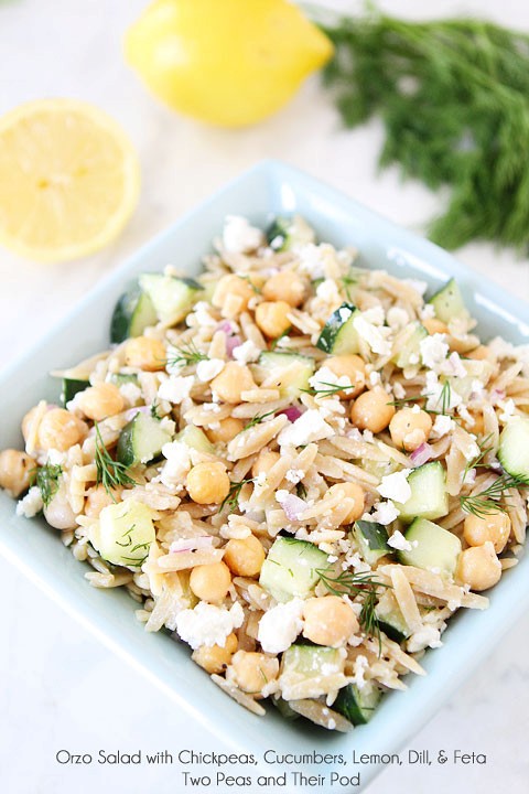 Orzo salad with chickpeas, cucumbers, lemon, dill, & feta