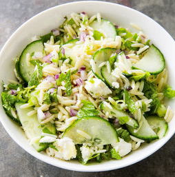 Orzo salad with cucumber, red onion, and mint