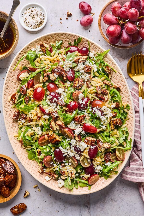 Orzo salad with grapes, arugula, & feta