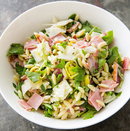 Orzo salad with provolone, capicola, and mortadella