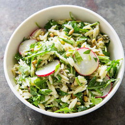 Orzo salad with radishes, capers, and anchovies