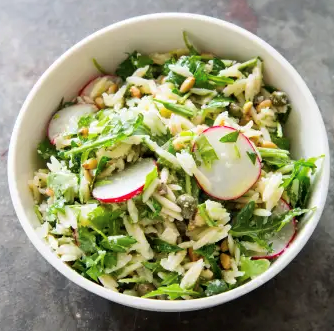 Orzo salad with radishes, capers, and anchovies