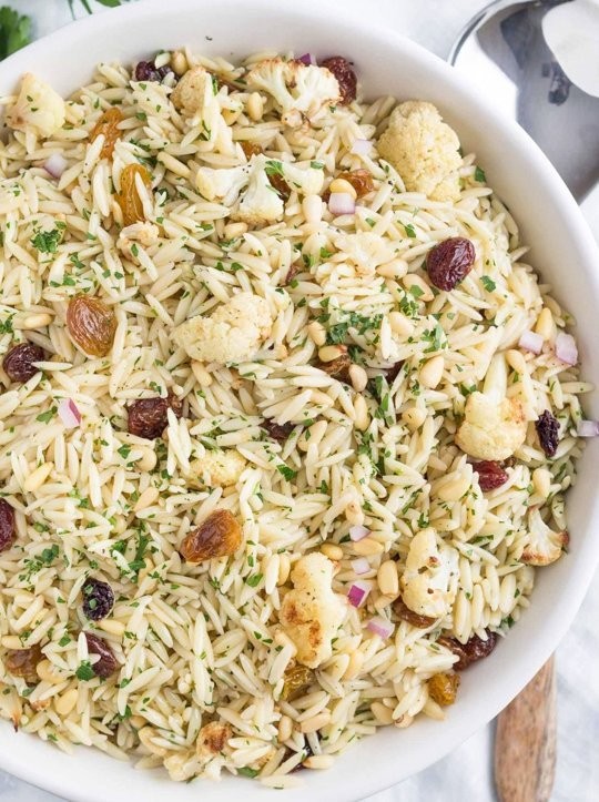 Orzo salad with roasted cauliflower, pine nuts, and parsley