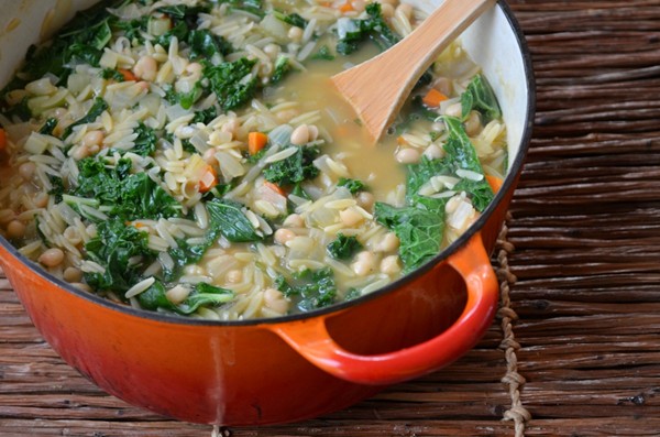 Orzo-white bean “stoup” with kale