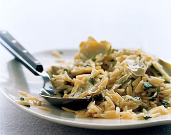 Orzo with artichokes and pine nuts