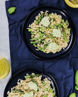 Orzo with asparagus and edamame ricotta