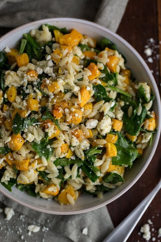 Orzo with butternut squash, spinach & blue cheese