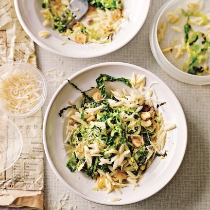 Orzo with crispy cabbage and lemon and pine nuts