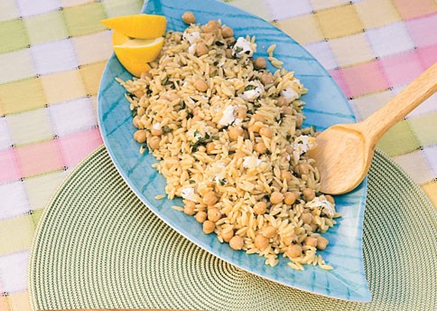 Orzo with garbanzo beans, goat cheese, and oregano