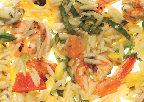 Orzo with grilled shrimp, summer vegetables, and pesto vinaigrette