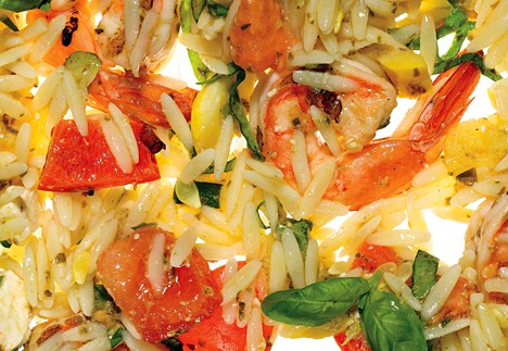 Orzo with grilled shrimp, summer vegetables, and pesto vinaigrette