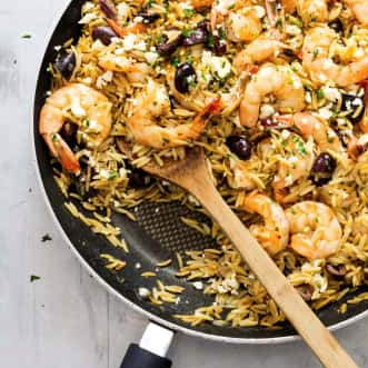 Orzo with shrimp, feta, and lemon