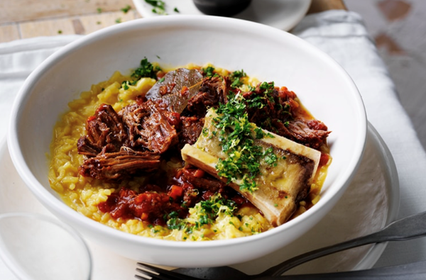 Osso buco-style braised beef with roasted bone marrow